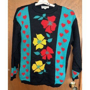 Beaucoup Womens Pullover Sweater Red Yellow Poinsettias Hearts Christmas Large L